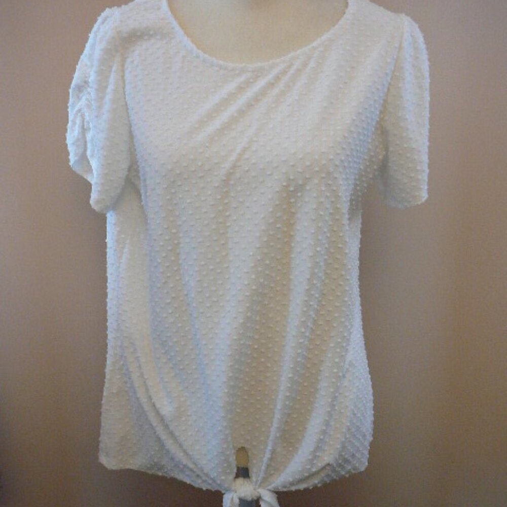 Chenault White Popcorn Textured Gathered Short Sleeve Round Neck Tie Waist Top-S